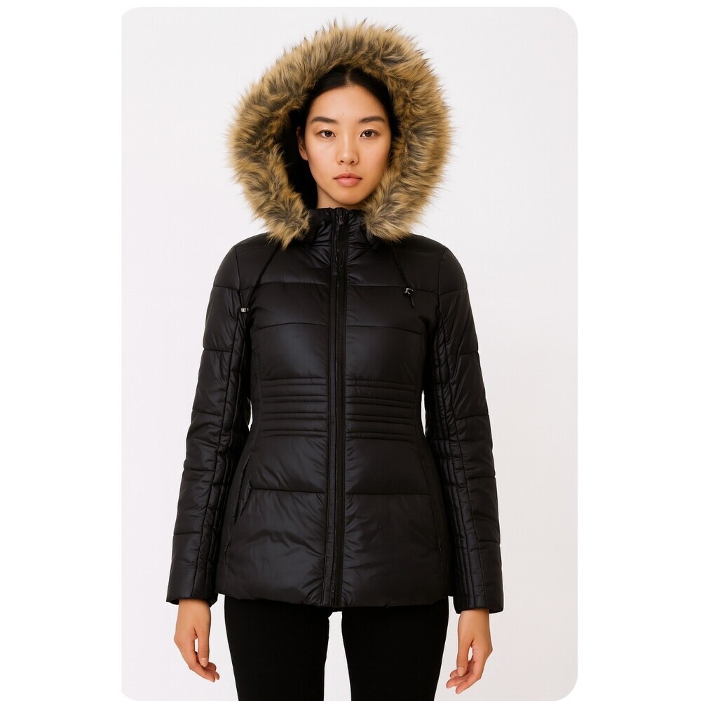 Calvin Klein cost black puffer coat with faux fur hood zip up coat SZ SP